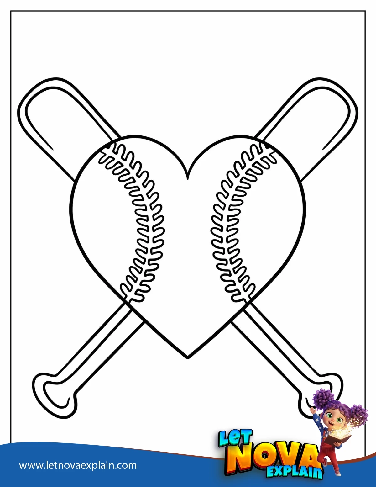 Baseball Heart and Bats Coloring Sheet For Preschoolers — PDF stampabile
