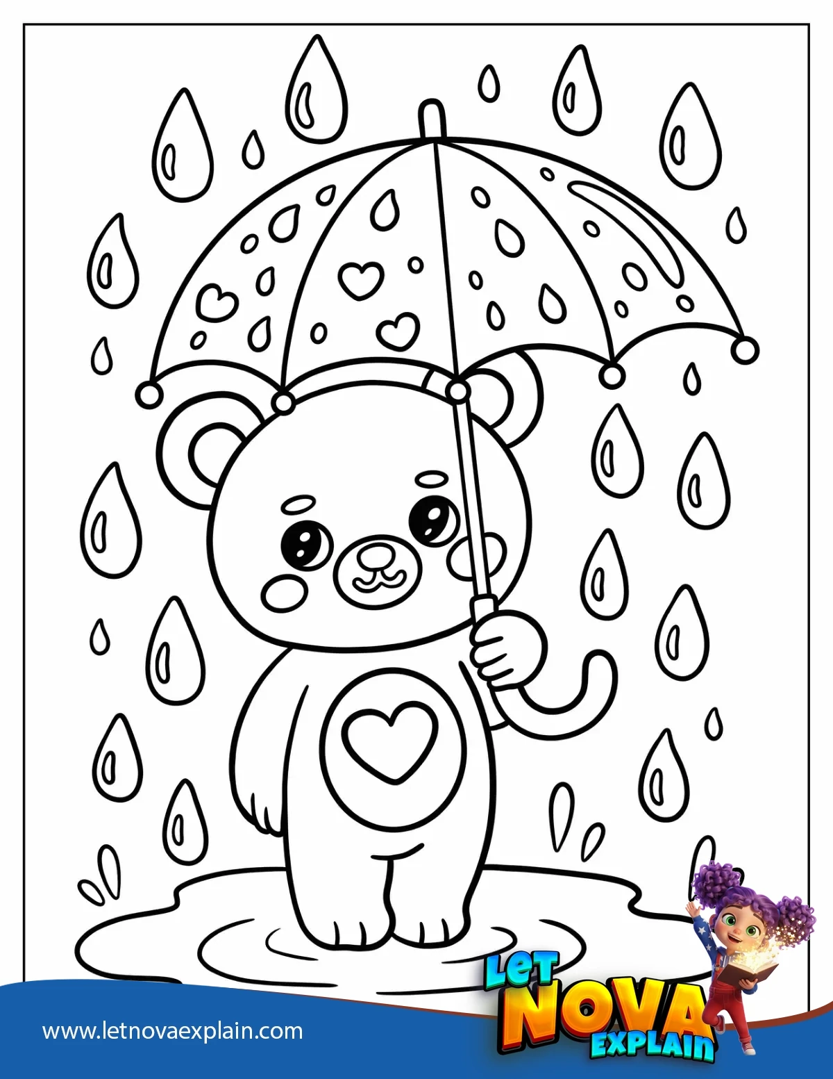Bear Standing in Puddle Holding Heart Umbrella in the Rain Coloring Sheet For Kids — PDF stampabile