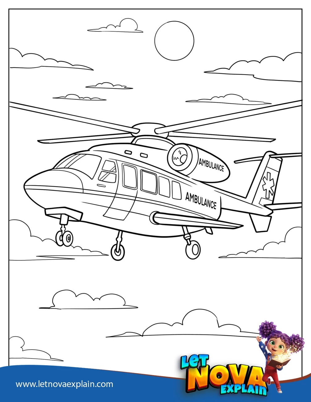 Air Ambulance Helicopter Flying in Cloudy Sky — Coloring page
