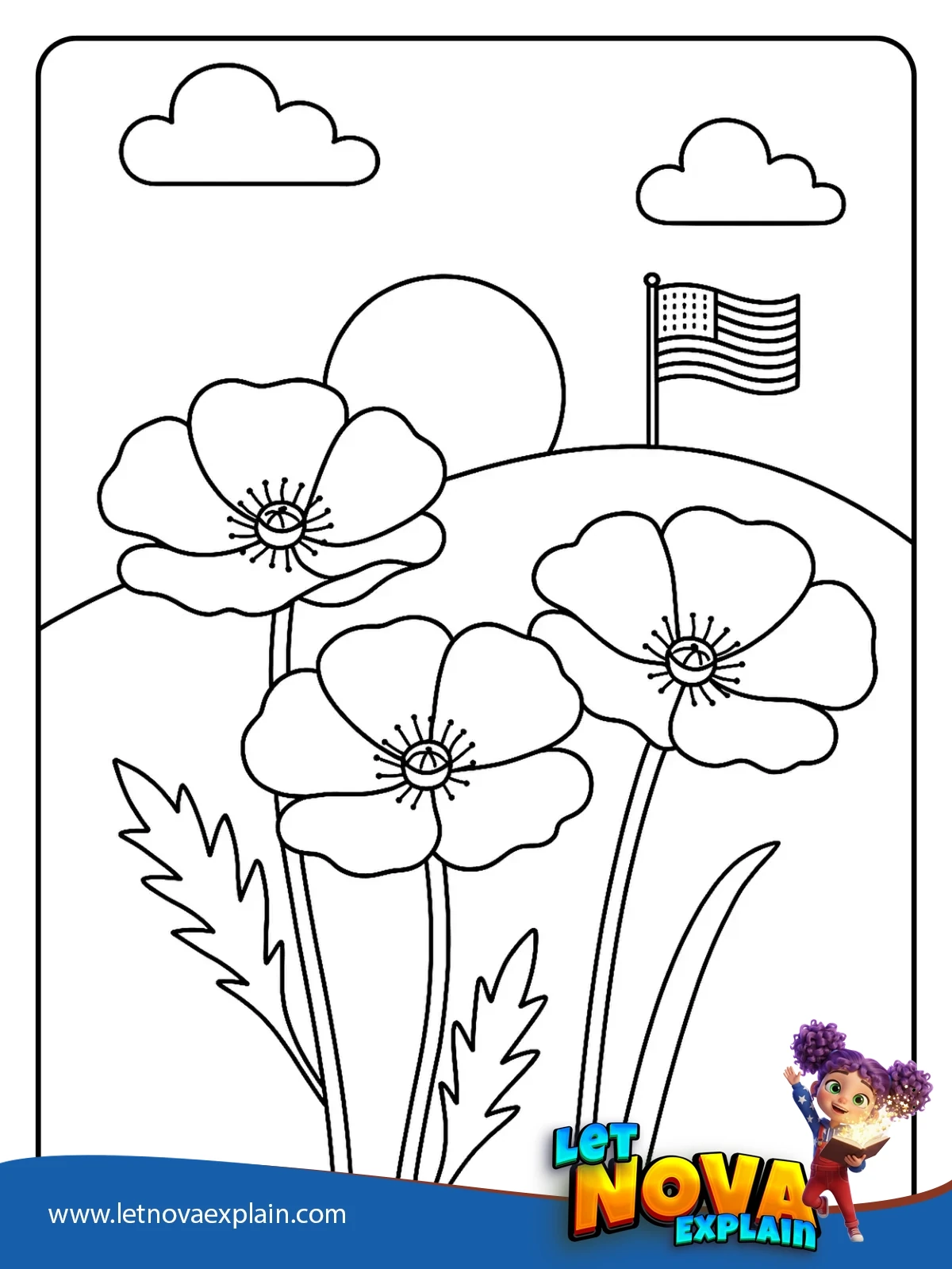 Poppies and U.S. Flag on a Hill coloring — PDF imprimible