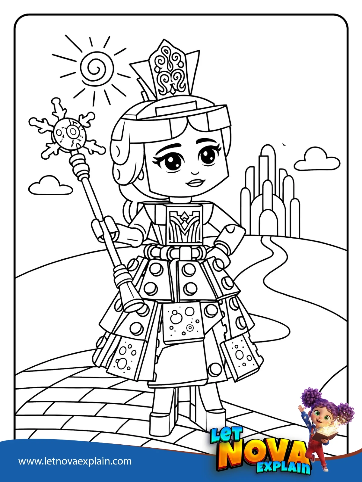 Lego Glinda on the Brick Road coloring — PDF stampabile