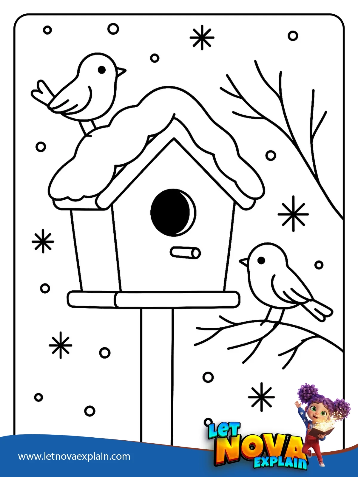 Birdhouse in Winter coloring — Printable PDF