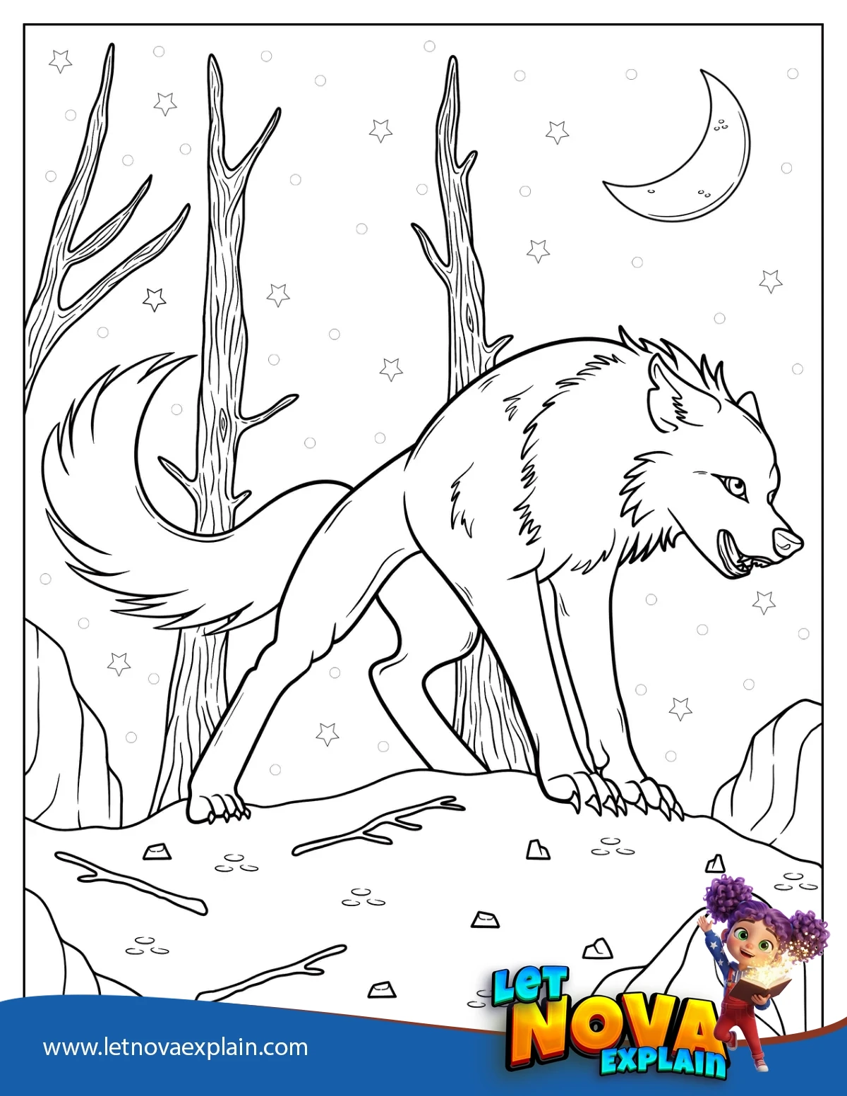 Big Scary Wolf At Night Coloring Page For Kids 1 — Printable PDF