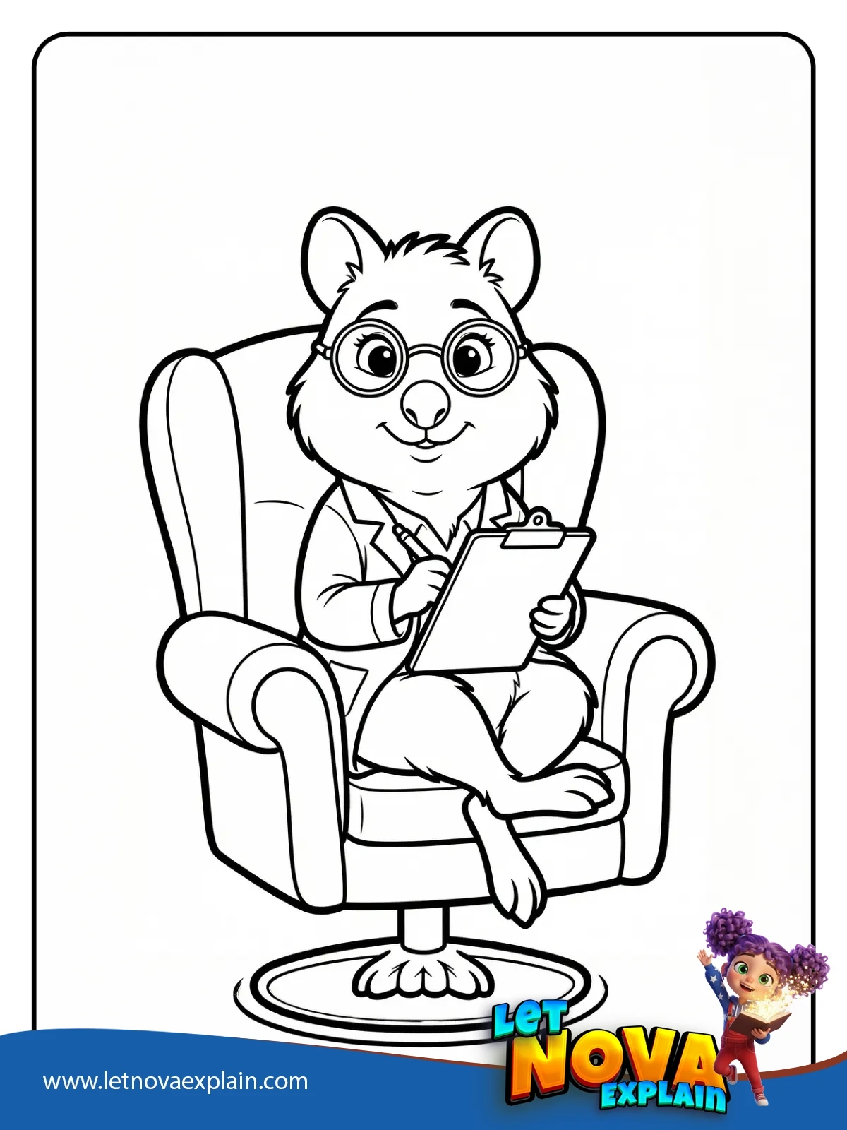 Dr. Fuzzby Iconic Chair Pose coloring — PDF stampabile