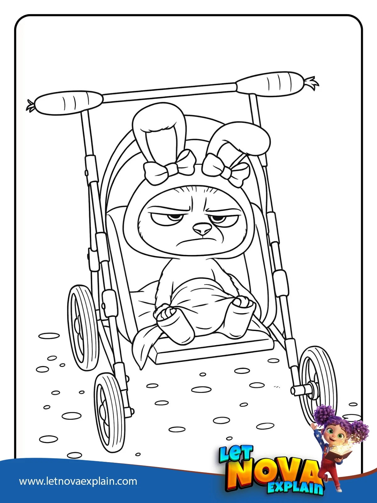 Grumpy Baby in Bunny Stroller coloring — PDF stampabile