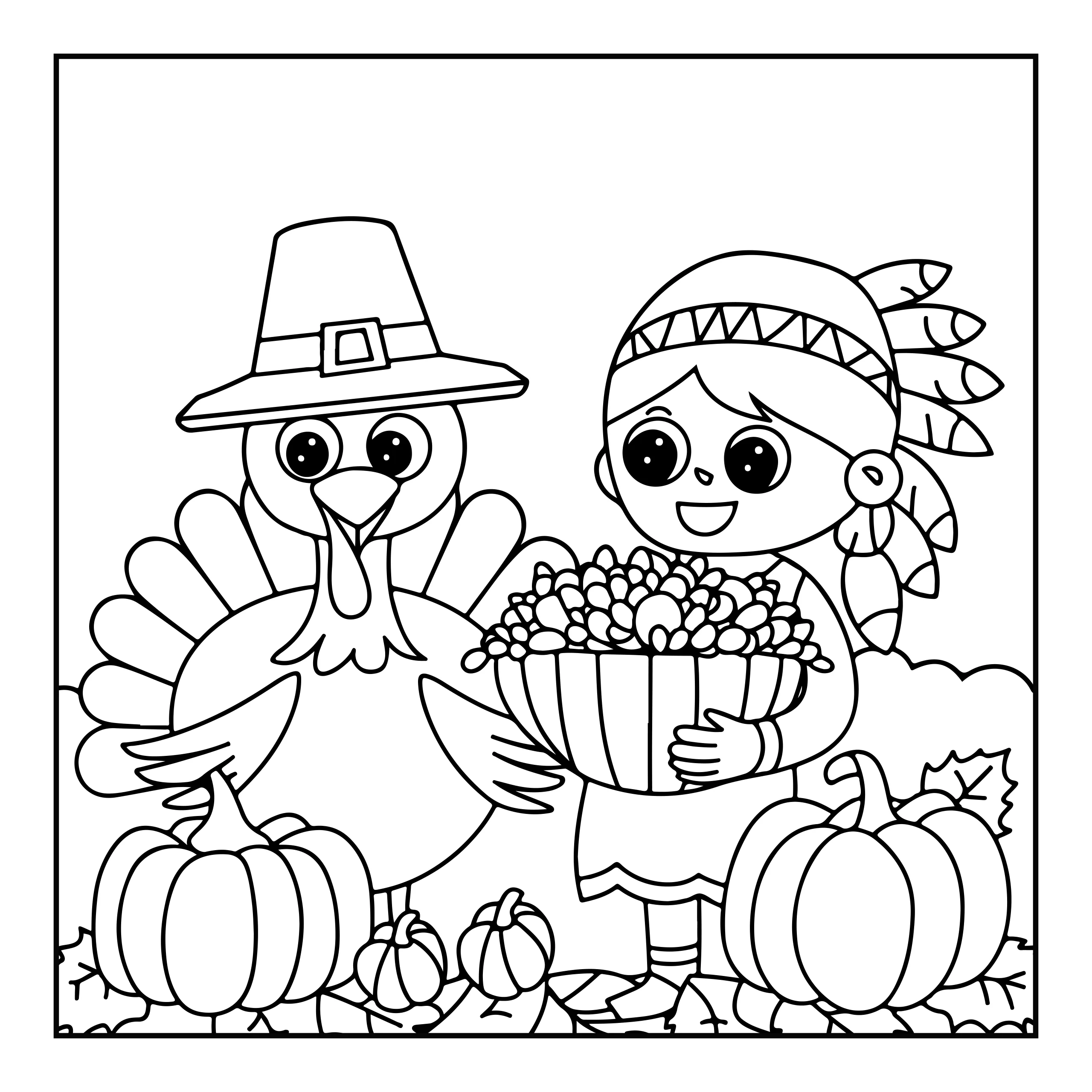 Thanksgiving Turkey and Girl Coloring Page — Printable PDF